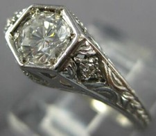 ANTIQUE .62CT DIAMOND 14KT WHITE GOLD HEXAGON FILIGREE ART DECO ENGAGEMENT RING