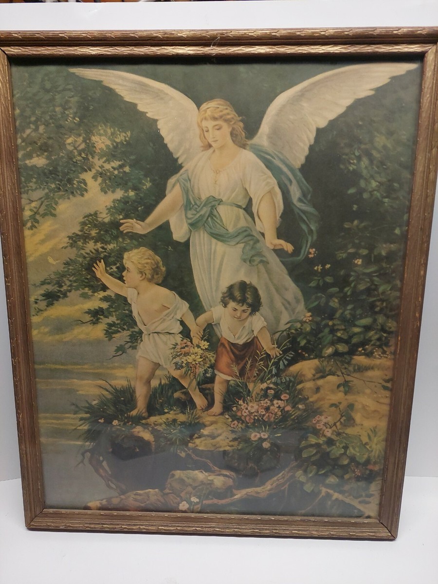 Framed 1940's “The Guardian Angel” with Child on cliff. Litho 17.5