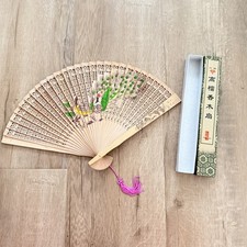 Vtg 1980s Chinese Sandalwood Hand Fan Hand Paint Peacocks Original Fabric Box