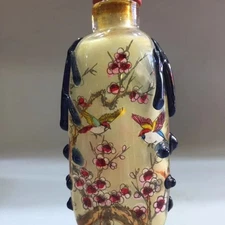 Hand Painted Inside Snuff Bottle Glass Flower Bird Antique Collectible Decor