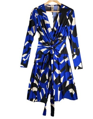 Cache Knot Front Geometric Print Dress Women s M Blue Black White Artsy Bold