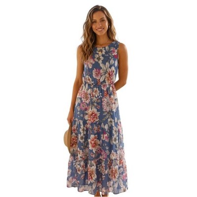 Lara G. Italy Silk Blend Floral Midi Dress Blue Pink Tiered Garden Size XL NWT