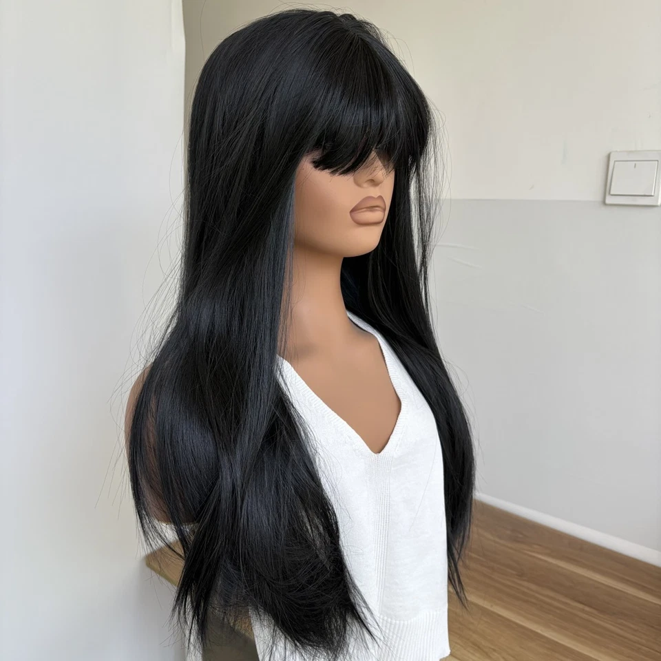 Pelucas cosplay negras largas lactas resistentes al calor para mujeres con flequillo Foto 3 de 4