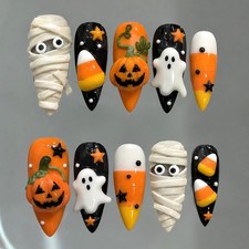 Handmade Custom Halloween Pumpkin Ghost Press on Nails  3D Stiletto Fake Nails