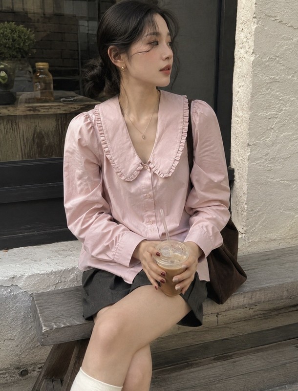 MOHITO Pink Peter Pan Collar Blouse EU 40  US M 8-10 Puff Sleeve Cottagecore Top