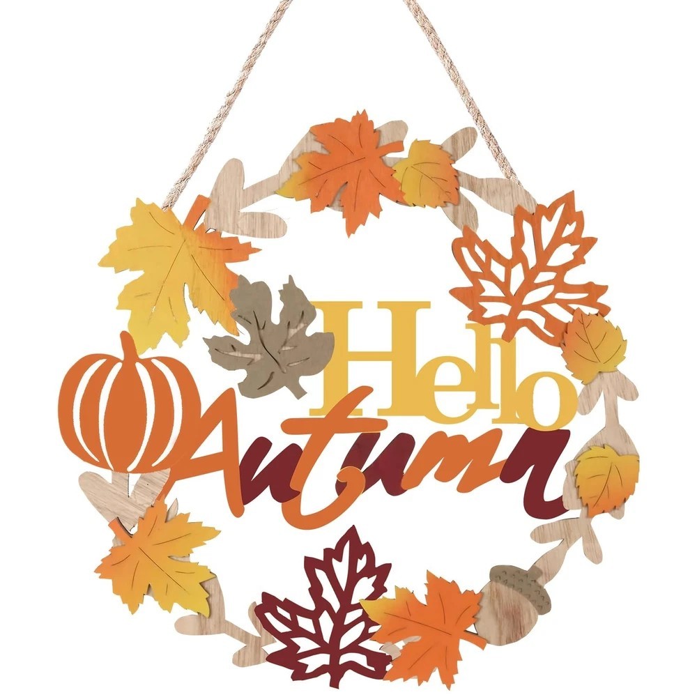 Welcome Fall Wooden Wreath Front Door Sign Thanksgiving Decor for Outdoor Wall