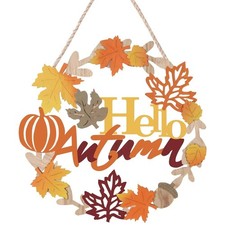 Welcome Fall Wooden Wreath Front Door Sign Thanksgiving Decor for Outdoor Wall