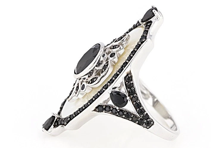 Mother of Pearl & Black Spinel Rhodium Over 925  Sterling Silver Estate Ring  - Image 2 of 2