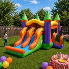 Commercial Inflatable Bounce House Dual Lane Slide Combo Orange With Blower