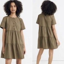 Madewell $110 Button Front Tiered Mini Dress AO277 Olive Green Size XS NWOT