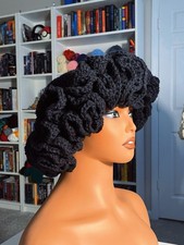 Black Handmade Crochet Ruffle Hat