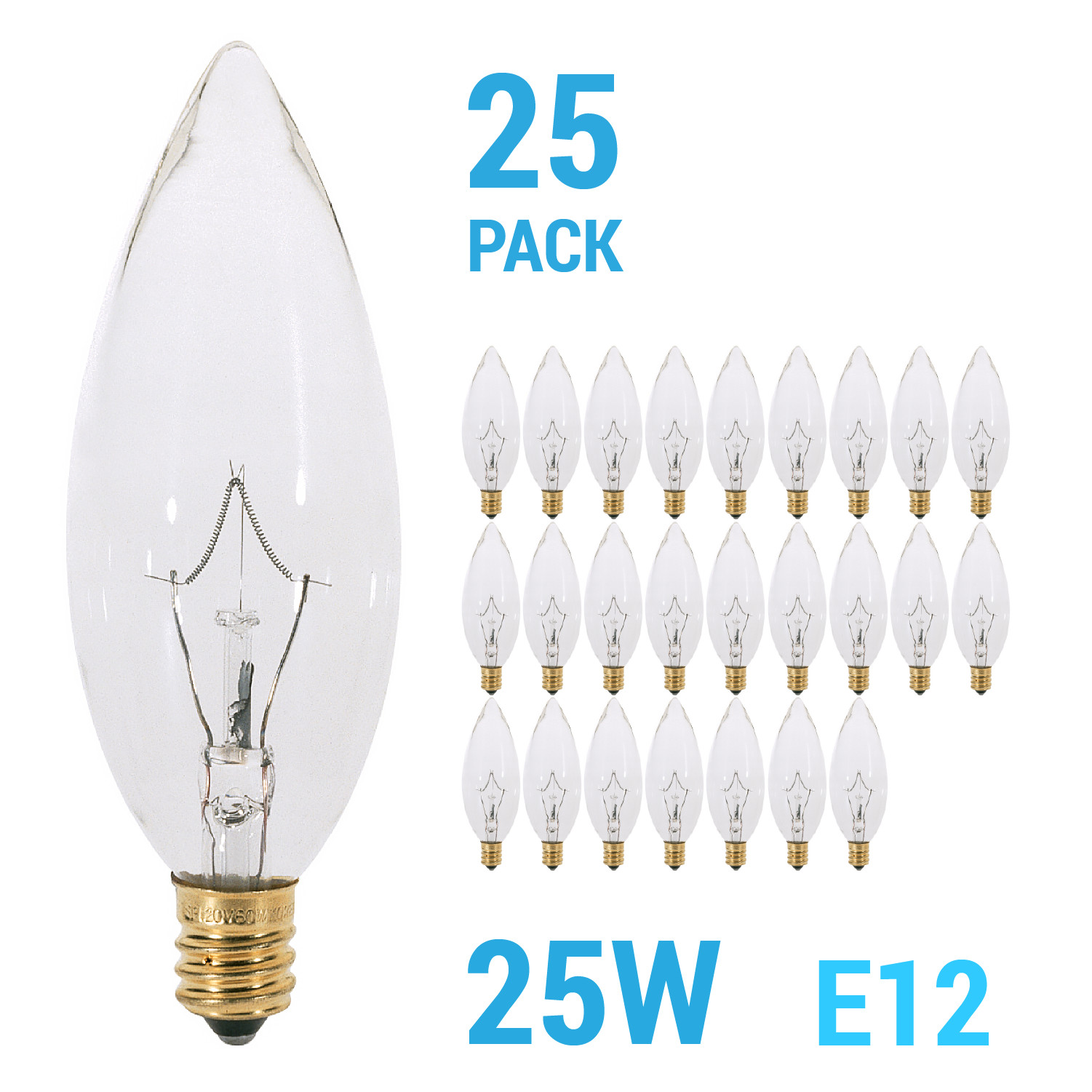25 Pack 25CTC Chandelier 25W Bulb 120V B10 Straight Torpedo 