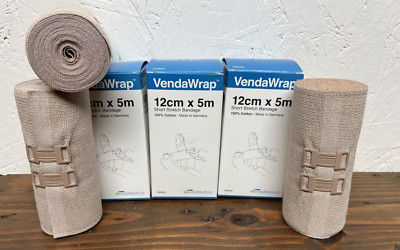 VendaWrap Short Stretch Compression Bandage 100% Cotton - 3 Rolls (12cm x 5m)