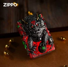 New Zippo oil Lighter red Kirin Beast Armor Shell Luminous with box