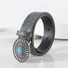 Women's Western Silver Faux Leather Faux Turquoise Stone Belt