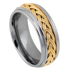 Tungsten Step Edge High Polished Yellow Gold IP Plated Double Braid  8mm Band