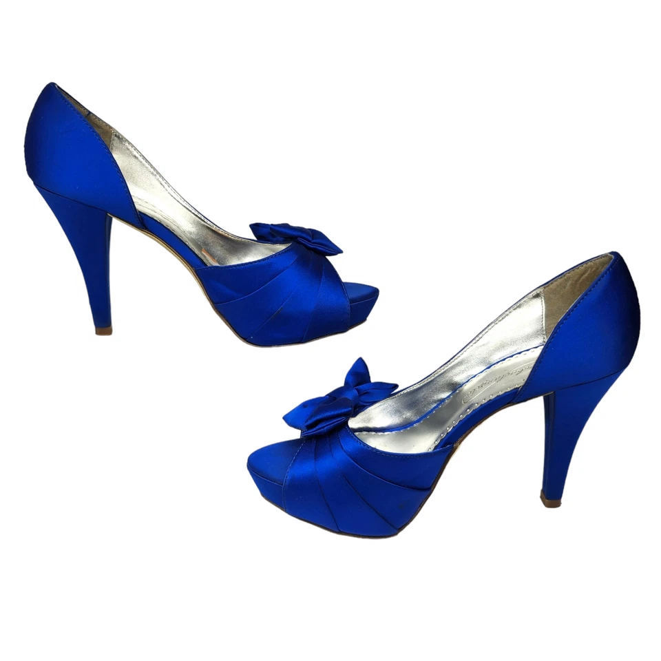 Tacones azules satinados para mujer 6 pajaritas peep toe D'Orsay elegantes graduación noche formal Foto 2 de 4