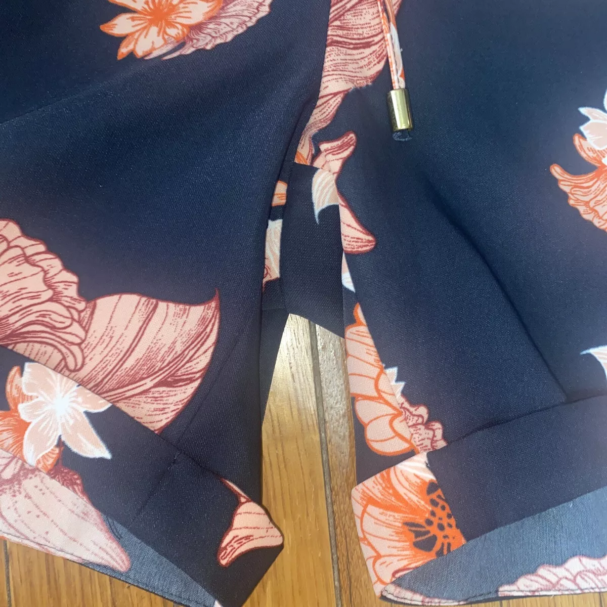 NWT H M Navy Peach Romper Jumpsuit Floral Tie Belt Pockets Long