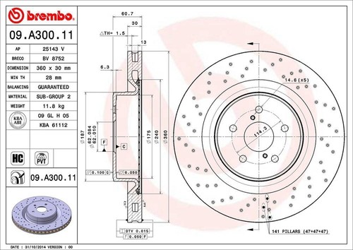 Brembo Set of 2 Front Cross Drilled Coated PVT Rotors for Lexus IS-F 09.A300.11 - Picture 7 of 7