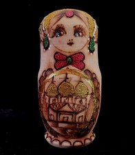 1990s Natural Wood Burned Matryoshka Handpainted  Glitter 6 Nesting Dolls NOS