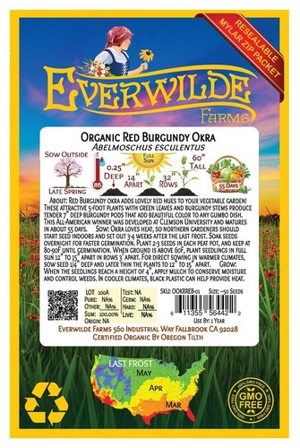 50 Organic Red Burgundy Okra Seeds - Everwilde Farms Mylar Seed Packet - Picture 2 of 3
