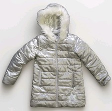 Frozen Disney Silver Hooded Puffer Jacket Girls US 7/8 Faux Fur Trim Elsa Anna
