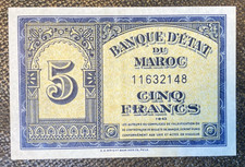 MOROCCO, 5 FRANCS 1943-44, P.24, AU EXAMPLE SEE PHOTOS