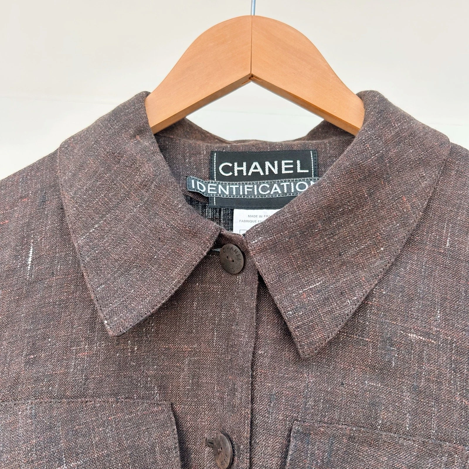 Giacca Chanel Autentica Lino Cropped Cinched Utility Top Marrone Cioccolato 36 Y2K