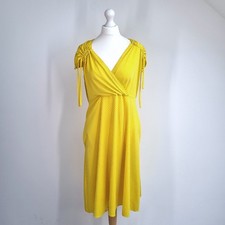 Vintage Dress Yellow Polka Dots Pockets Tea Dress Retro 80s Empire Waist 12 14