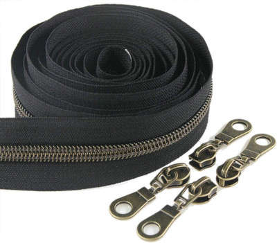 #5 Antique Brass Metallic Nylon Coil Zippers by the Yard Bulk 10 Yards Black Zip
