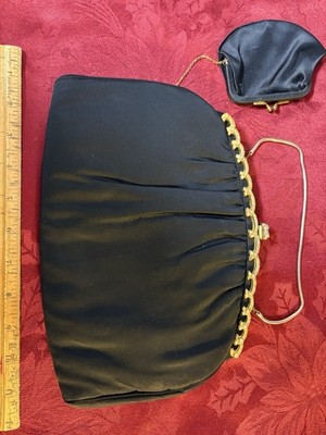 Vintage AFTER FIVE Clutch EVENING PURSE Black Cloth w/ Clasp Chain & Coin Purse