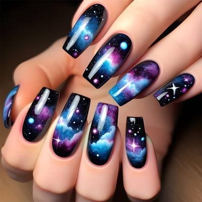 24 Pcs Square False Nail Colorful Star Cloud Press On Nail Glossy on Nail