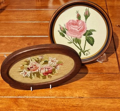 Vintage Paar gerahmte ovale Nadelspitze Blumen Kohl Rosen Cottagecore Wandkunst