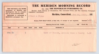 Meriden Connecticut 1921 Meriden Morning Record Newspaper Billhead 8.5'' x 4.5''