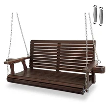 4 FT Wooden Porch Swing 2-Seater,Bench Swing + Cupholders, Hanging Chains, Brown