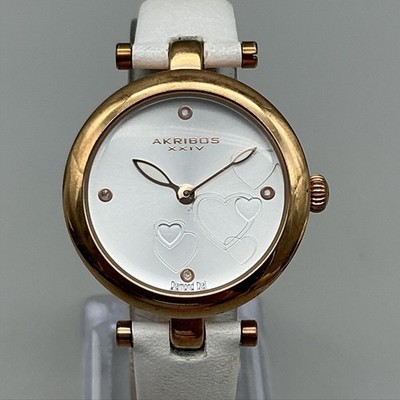 Akribos XXIV Womens Watch 31mm Heart Dial Leather Diamond Rose Gold AK1044