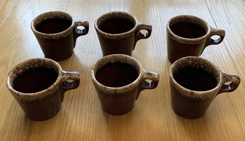 Hull Pottery Oven Proof USA Brown Drip Coffee/ Tea Mugs Cups 10 oz. Lot of 6