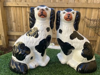 PAIR of MID 19thC STAFFORDSHIRE BLACK & WHITE SEATED SPANIEL DOGS 1860s