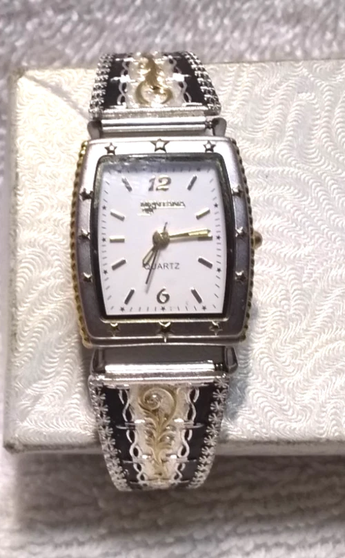Montana Silversmiths black leather stud square face barbed wire wrist watch NIB Montana Silversmiths Black Leather Stud Square Face Barbed  main image 4