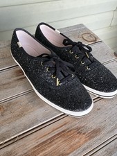 Zapatilla deportiva Keds x Kate Spade New York negra brillante talla 9 cordones de cinta brillantes dorados