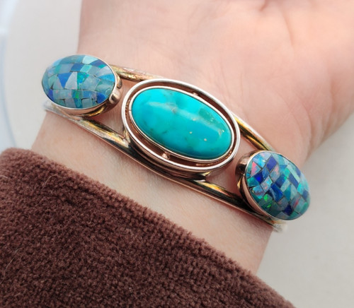 Desert Rose DTR Sterling Silver Opal Inlay & Turquoise Reversible Cuff Bracelet