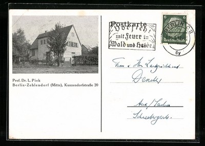 AK Berlin-Zehlendorf, Haus von Prof. Dr. L. Pick, Kunzendorfstr. 20 1937 