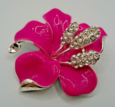 Enamel Rhinestone Pink flower brooch Pin  2"  C11 