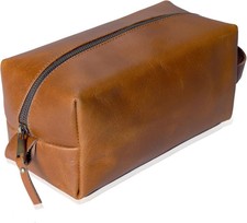 Genuine Buffalo Leather Toiletry Bag Travel Dopp Kit Shaving Case For Men Women