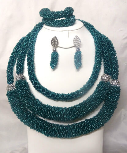 Ensemble trois couches de perles de mariage africain nigérian nigérian vert sarcelle et argent - Photo 1/5