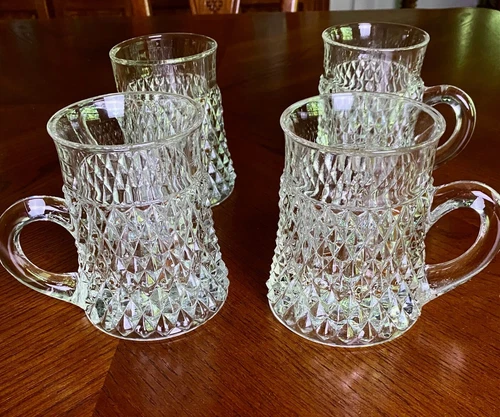 FOUR Vintage INDIANA GLASS  Tankard Mugs Crystal Diamond Point 8 oz.