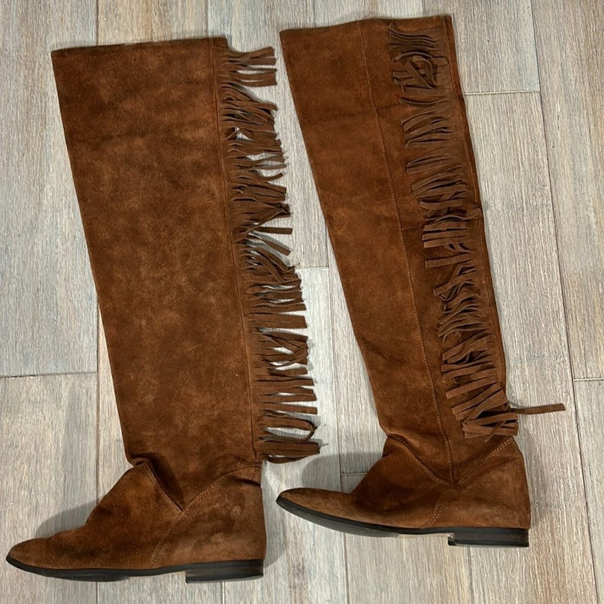 Lavorazione Artigiana Italian Brown Suede Leather Fringe Over Knee