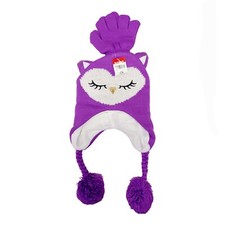Girls Hat  Gloves Set: Ages 4-8 Trapper Purple Knit Owl Fleece Lined