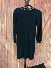 Ann Taylor Sweater Dress Womens Medium Black Tipped Ribbed Cotton Keyhole Back