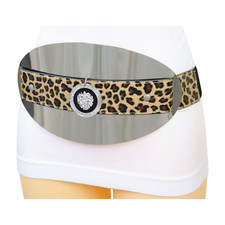 Women Black Elastic Leopard Band Belt Big Silver Oval Plate Metal Lion Coin S M